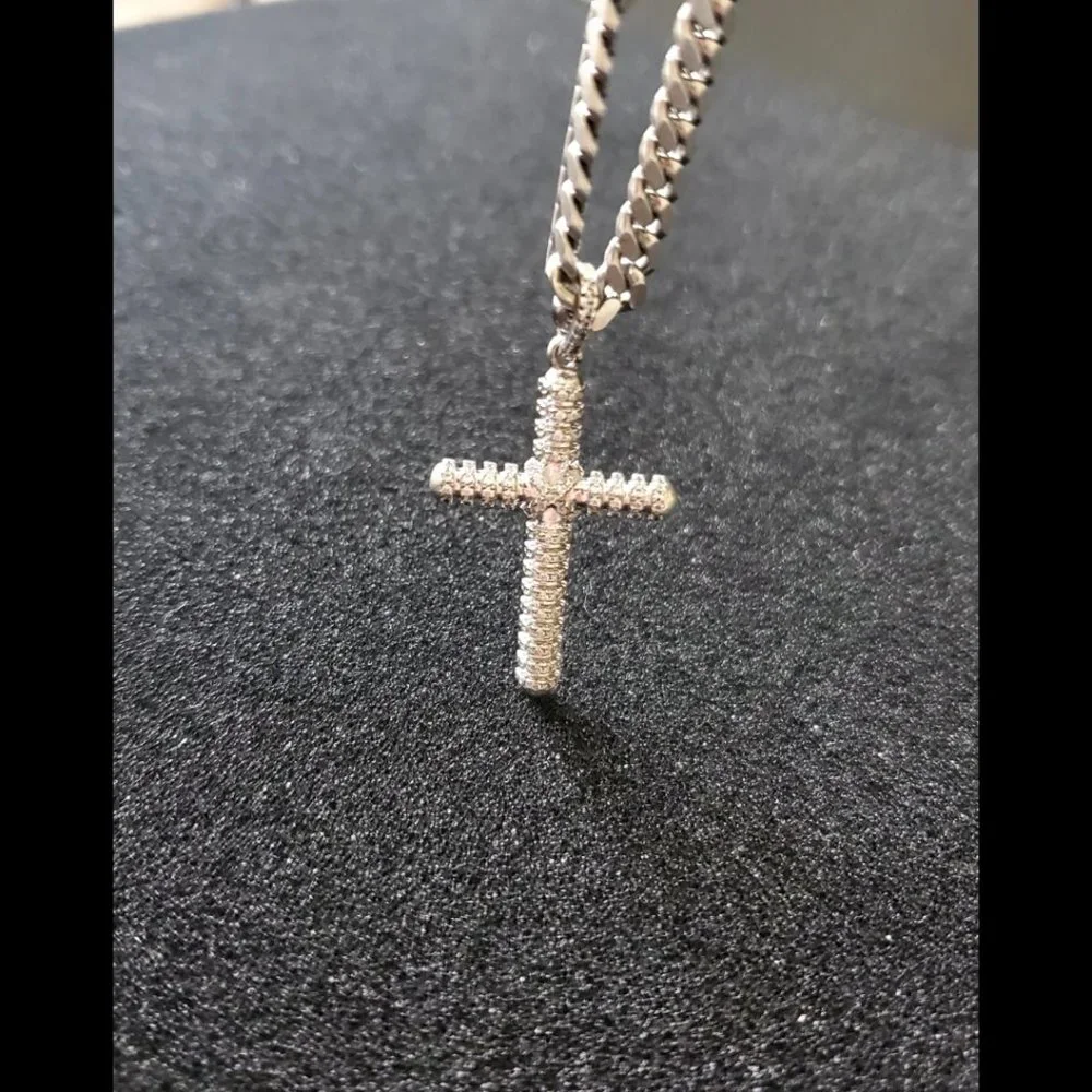 Men Women 925 Sterling Silver Micro Pave Cubic Zirconia Cross Pendant - Picture 6 of 11